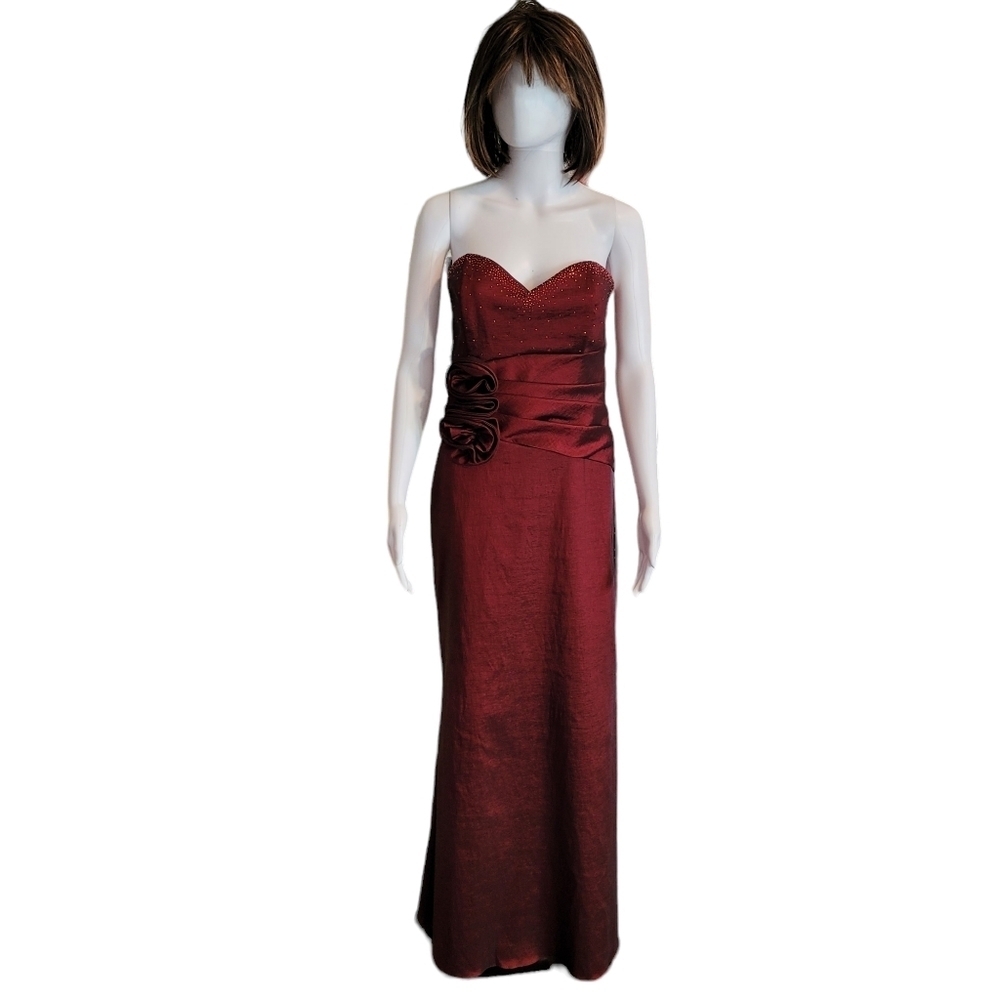 Betsy & Adam burgundy strapless formal gown - 14